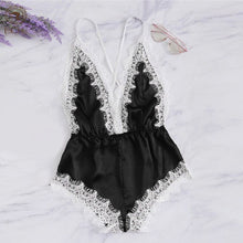Load image into Gallery viewer, Bodycon Jumpsuits Sleepwear Lace Romper Deep V Satin Nightwear