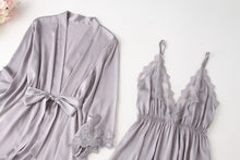 Load image into Gallery viewer, 2PCS Rayon Kimono Bathrobe Robe Set Lace Floral Sexy Bride Dressing Gown