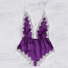 Load image into Gallery viewer, Bodycon Jumpsuits Sleepwear Lace Romper Deep V Satin Nightwear