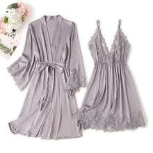 Load image into Gallery viewer, 2PCS Rayon Kimono Bathrobe Robe Set Lace Floral Sexy Bride Dressing Gown