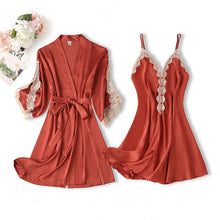 Load image into Gallery viewer, 2PCS Rayon Kimono Bathrobe Robe Set Lace Floral Sexy Bride Dressing Gown