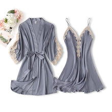 Load image into Gallery viewer, 2PCS Rayon Kimono Bathrobe Robe Set Lace Floral Sexy Bride Dressing Gown