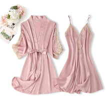 Load image into Gallery viewer, 2PCS Rayon Kimono Bathrobe Robe Set Lace Floral Sexy Bride Dressing Gown