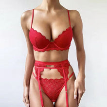 Load image into Gallery viewer, Red bra set with steel ring sexy garter belt